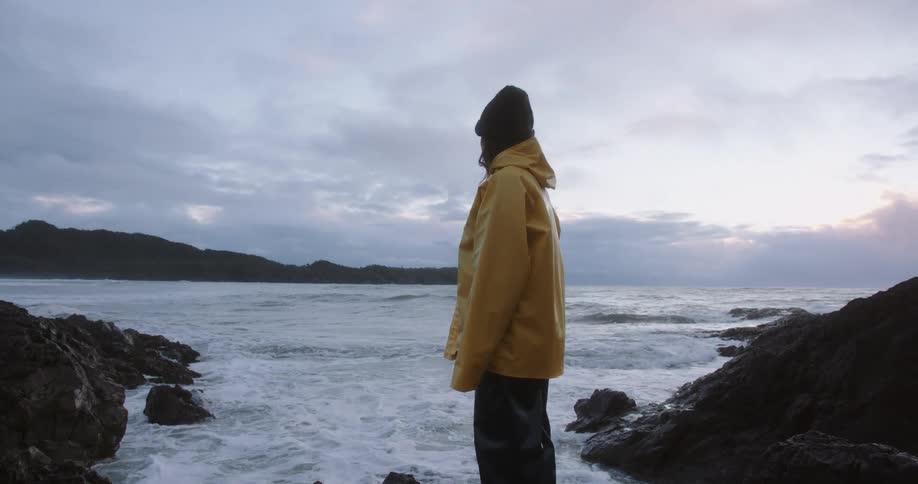 Person wearing a yellow raincoat and black beanie looking at the sea among rocks