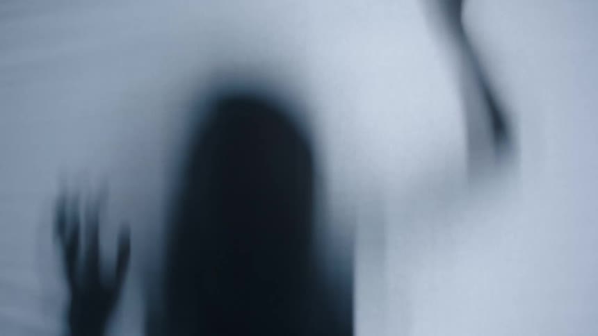 Blurred shadow of a person with raised hands projected onto a light surface