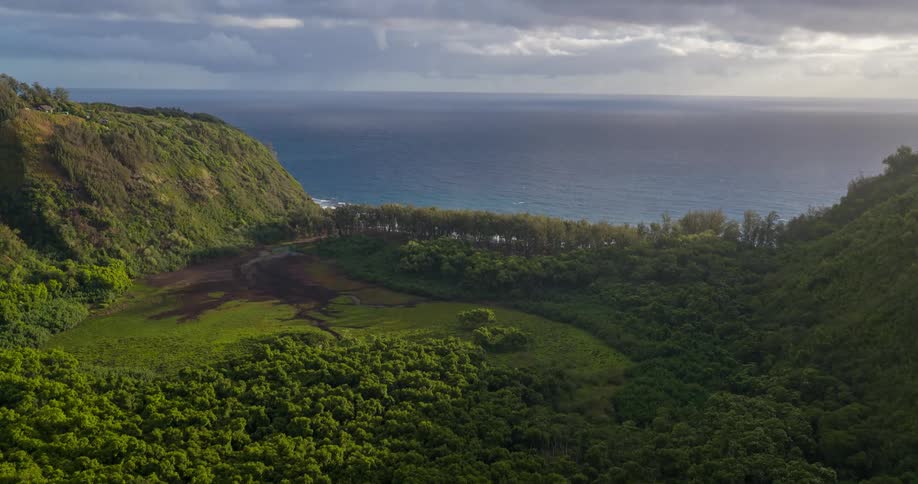 Lush green valley meets the ocean under clouds