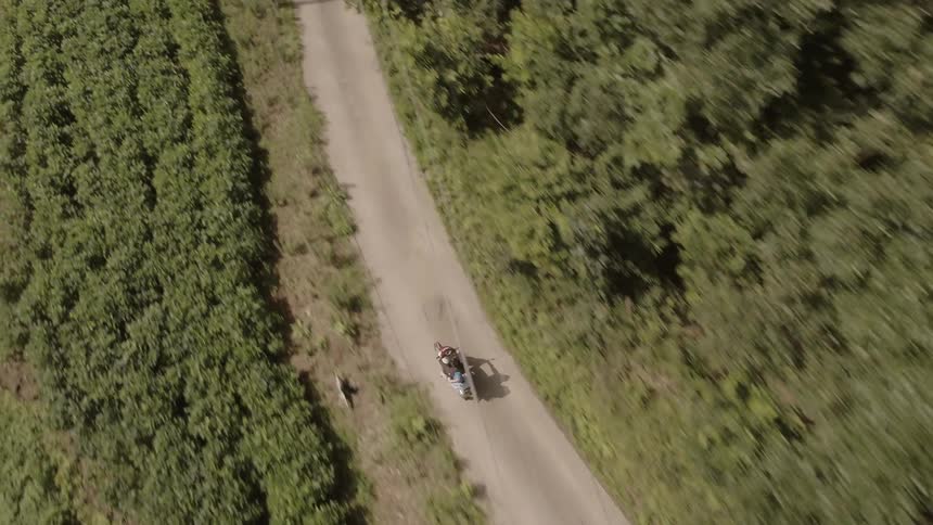 A couple of people riding down a dirt road on a motorcycle surrounded by trees