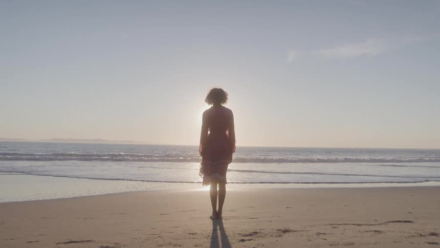 A woman wearing a dress is standing on the beach