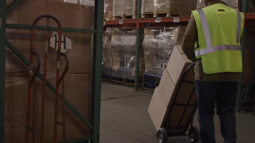 A warehouse worker wearing a white hard hat and a yellow safety vest is walking down a warehouse aisle while pushing a hand truck with a large cardboard box on it