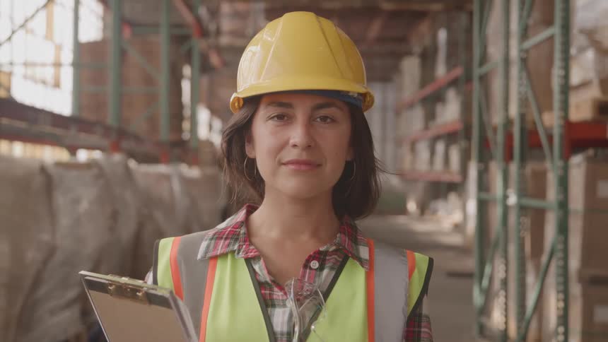 A woman with long dark hair wearing a yellow hard hat a plaid shirt and a yellow safety vest is holding a clipboard and looking directly at the camera with a neutral expression