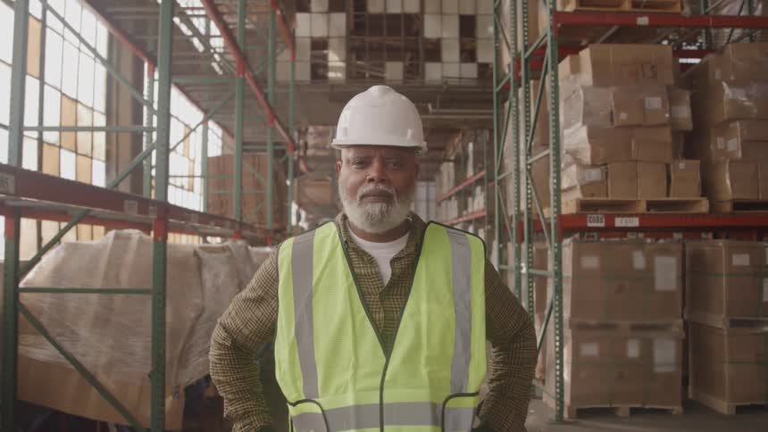 A man with gray facial hair and a serious expression wearing a white hard hat a plaid shirt and a bright yellow safety vest is standing still in a warehouse aisle with tall shelves full of boxes on either side