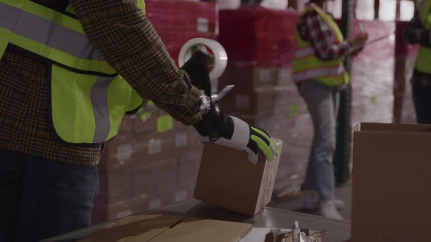 Worker using adhesive tape to seal a small cardboard box in a warehouse
