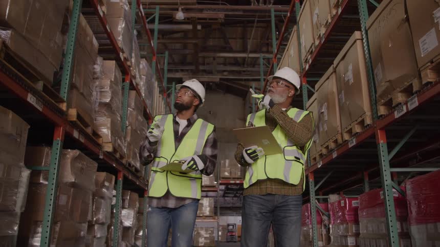 Two workers talk as they walk through the warehouse