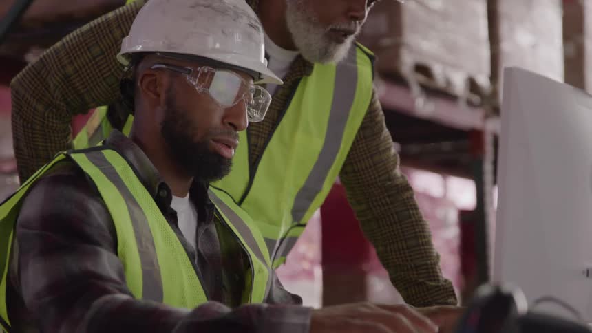 Two men wearing hard hats and green vests work on a computer inside a shipping warehouse one standing and the other sitting while typing