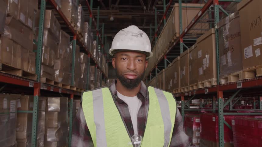 Worker wearing a reflective vest and hard hat posing in a warehouse aisle surrounded by shelves with boxes