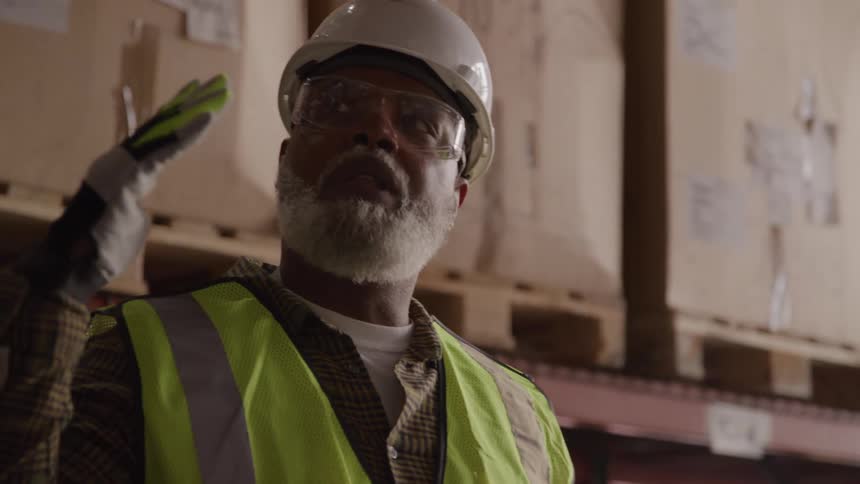 Man in white helmet working in a storage environment