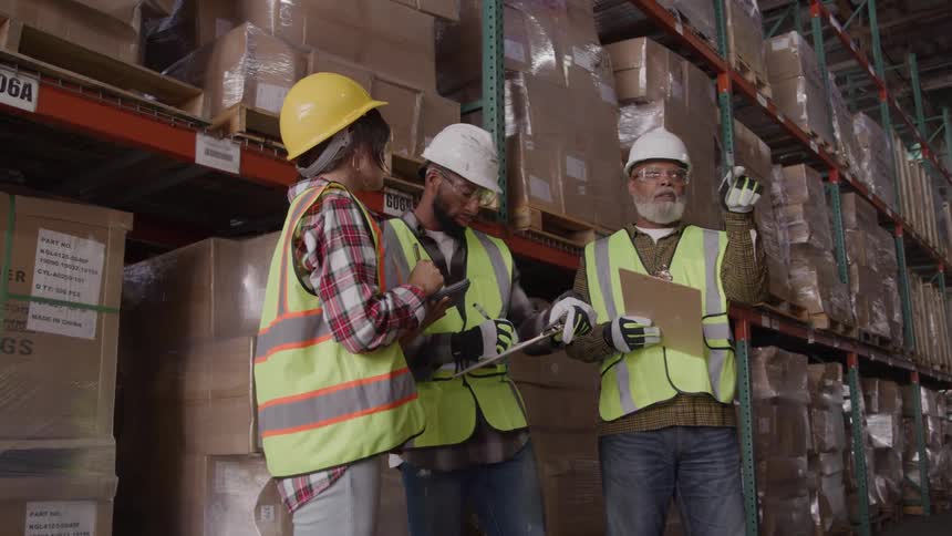 Three workers wearing reflective vests and hard hats reviewing clipboards in a warehouse