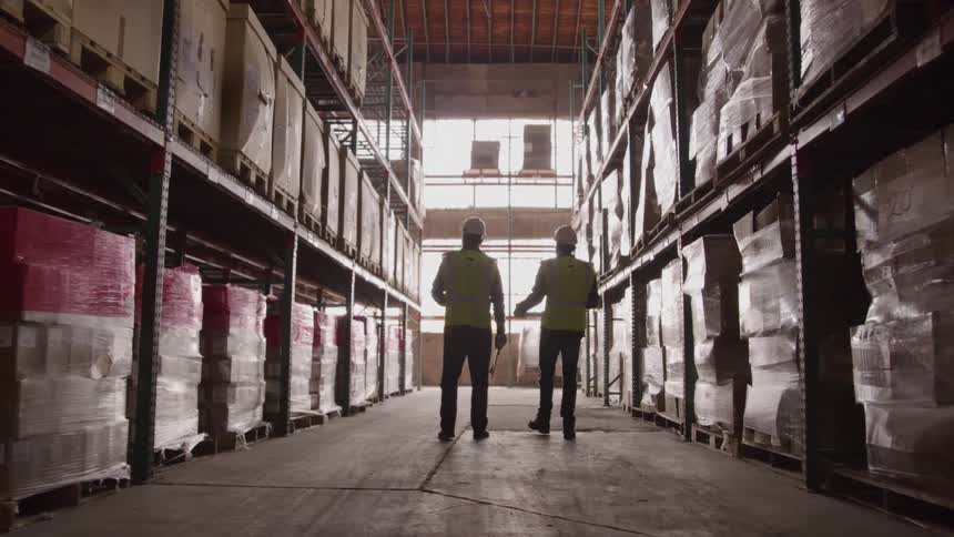 Silhouettes of two workers wearing reflective vests and hard hats talking in a warehouse aisle