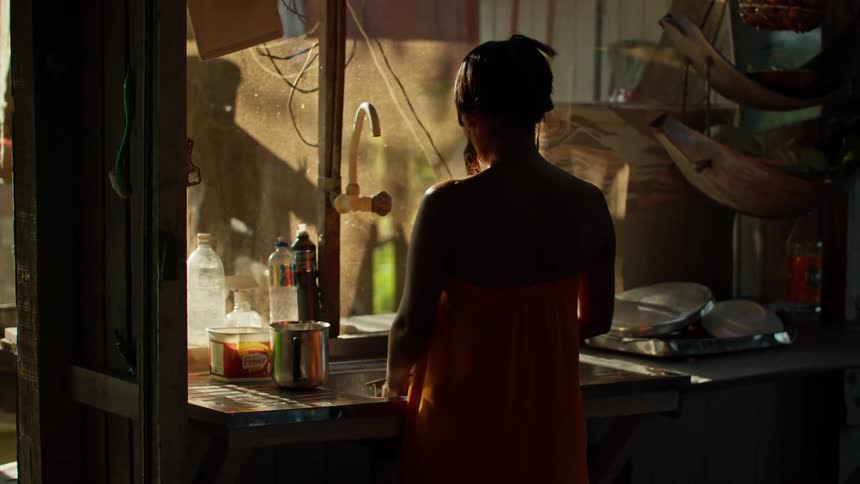 A woman with her back to the camera wearing an orange dress is standing at a kitchen sink and washing a bowl as bright sunlight streams in from a large window