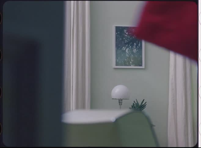 A red pillow is thrown across a living room in a house during daytime