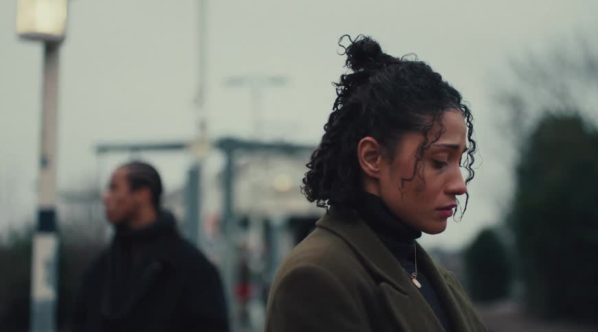 An upset couple stands at a train station