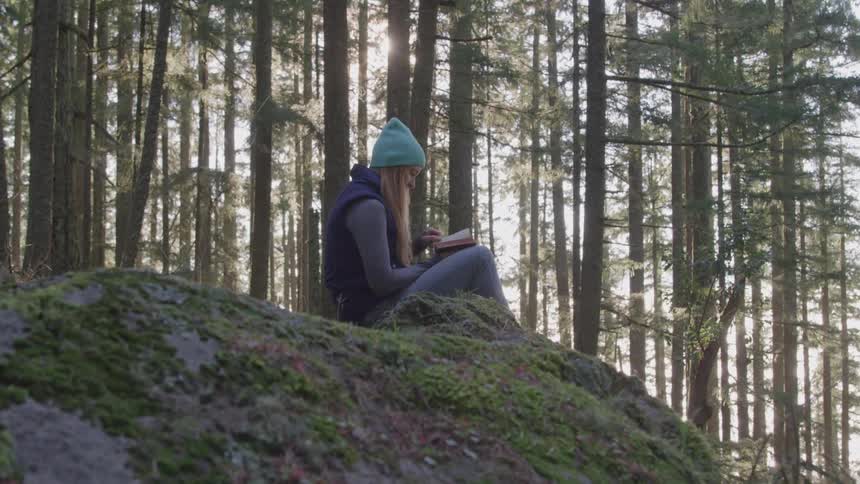 A girl sits on a small boulder