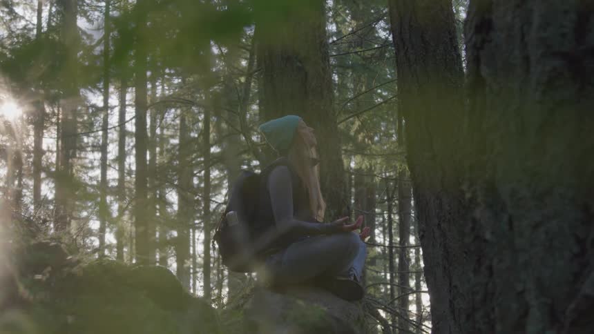 A wide shot from a low angle shows a person with a backpack sitting on a rock in a forest the person is wearing a turquoise beanie and looks up toward the sky surrounded by tall pine trees with sunlight filtering through the branches