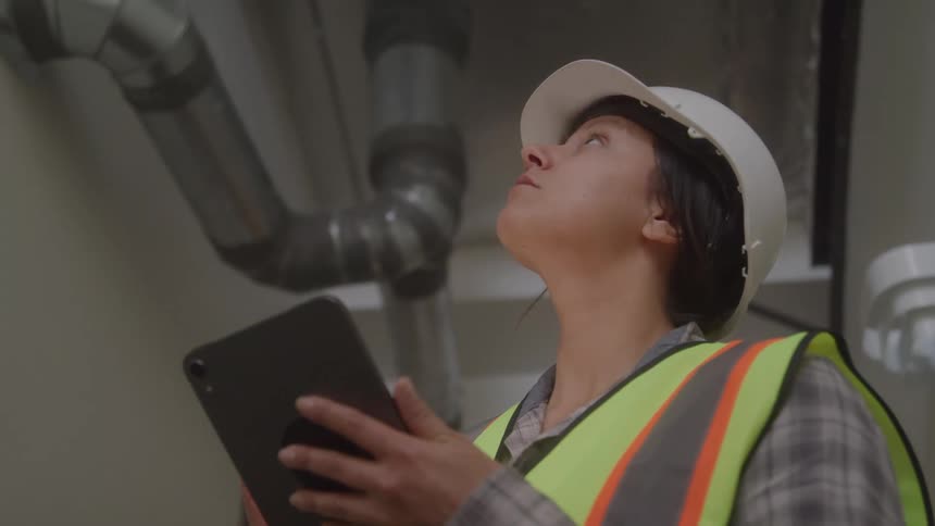 Engineer wearing helmet and vest inspects pipelines while holding a tablet