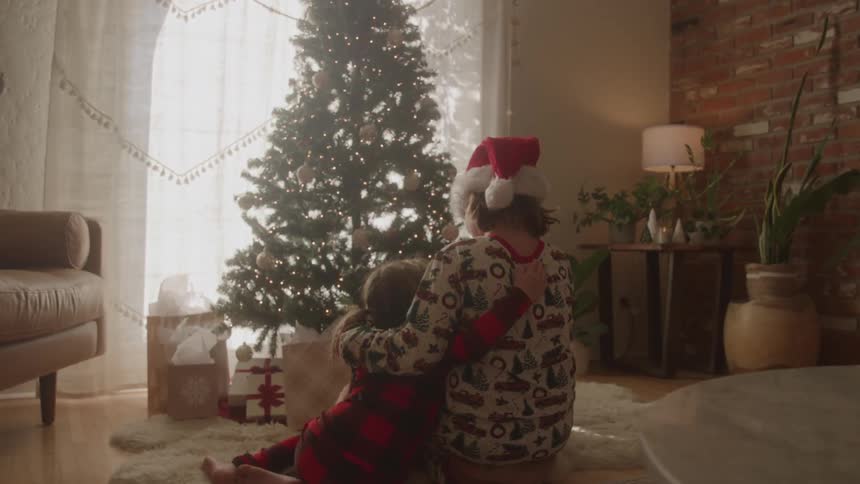 Two people in festive pajamas and santa hats are seen from behind sitting in front of a lit christmas tree they are hugging as one of them holds a teddy bear