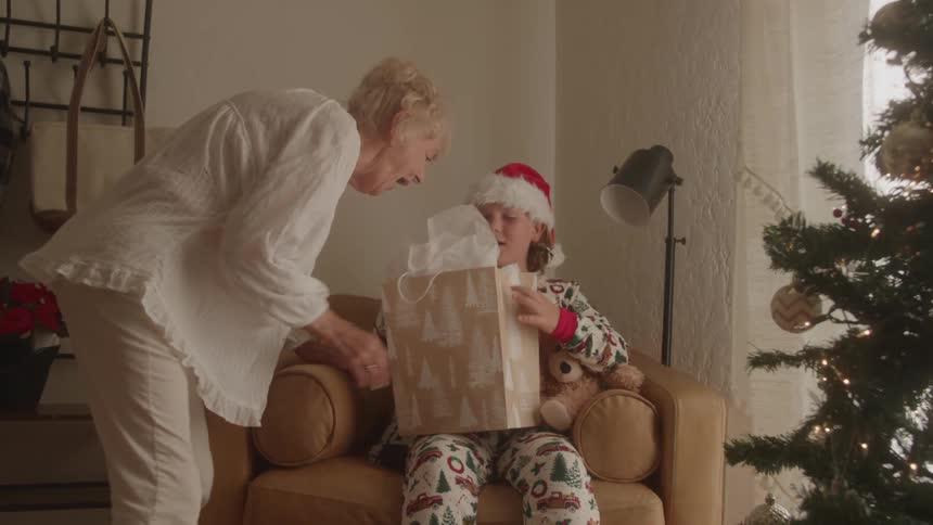 The video shows an indoor scene likely a living room with a decorated christmas tree on the right a woman with short light hair is standing giving a paper bag to a child who is sitting in an armchair the child is wearing a red santa hat and festive