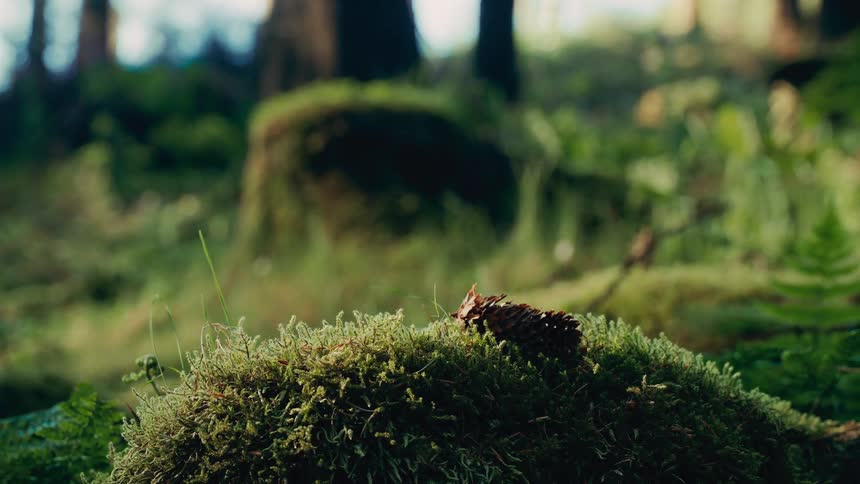 Small pinecone rests on green moss in the middle of the forest