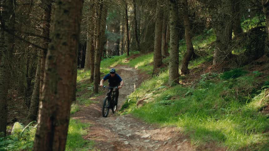 A mountain biker rides through a narrow forest trail