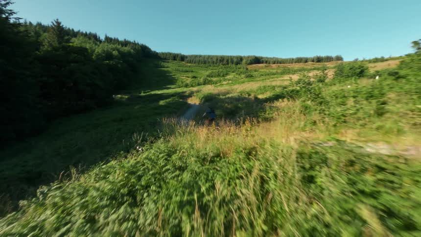 A cyclist rides along a winding dirt path through a lush green valley surrounded by rolling hills