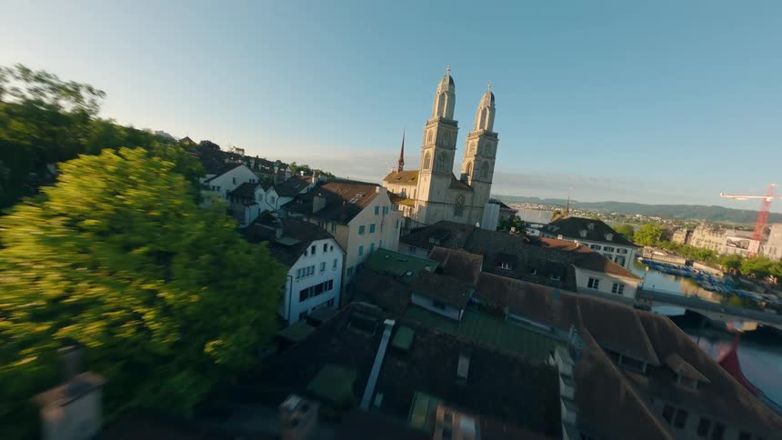 FPV drone flies over the beautiful city of Zurich, Switzerland