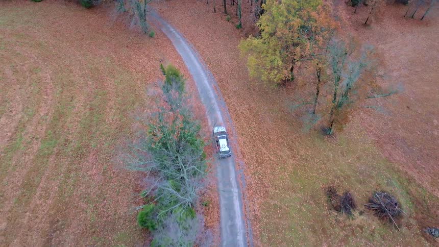 The video shows an aerial view of a white car driving down a dirt road the road is surrounded by fields and trees with autumn foliage