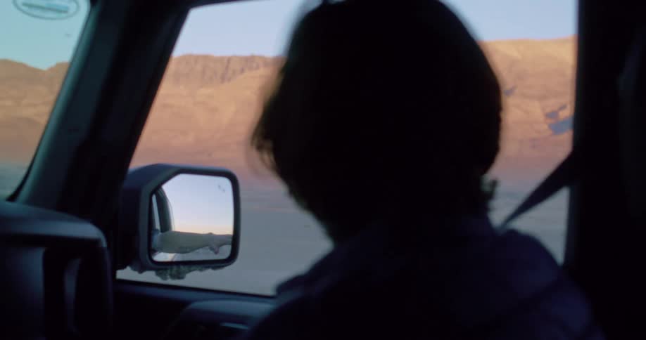 The face of a young man smiling while swinging his arm out of the car as seen in the rearview mirror