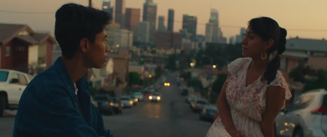 A person and their partner are sitting on a rooftop at sunset looking out at a city skyline the person is wearing a floral dress and their partner is wearing a blue denim jacket