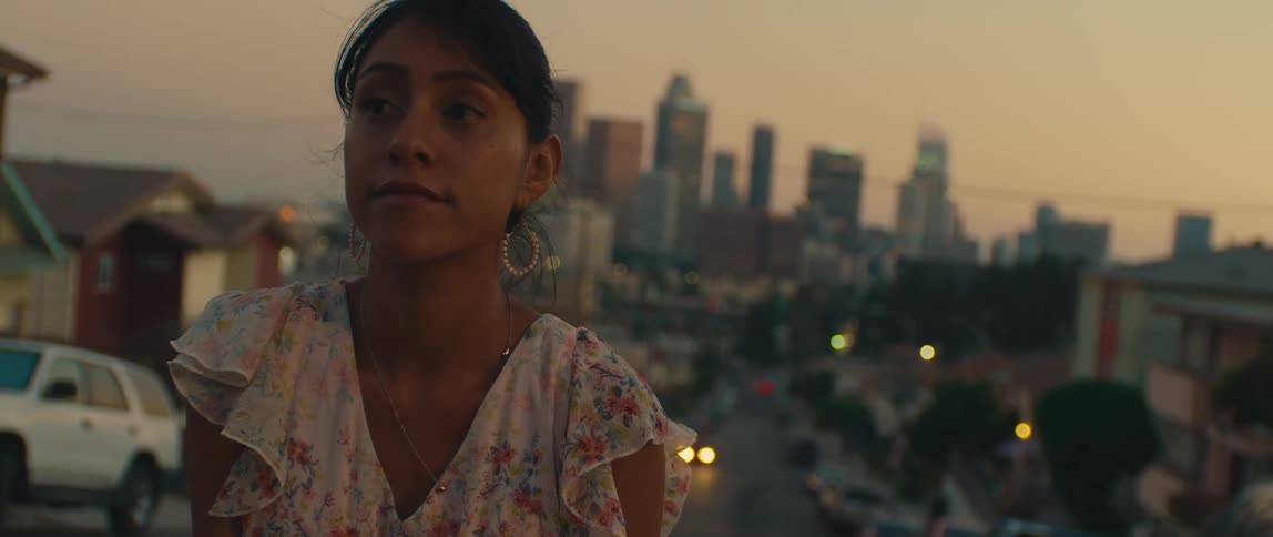 Woman in floral dress looks on at dusk with city in the background