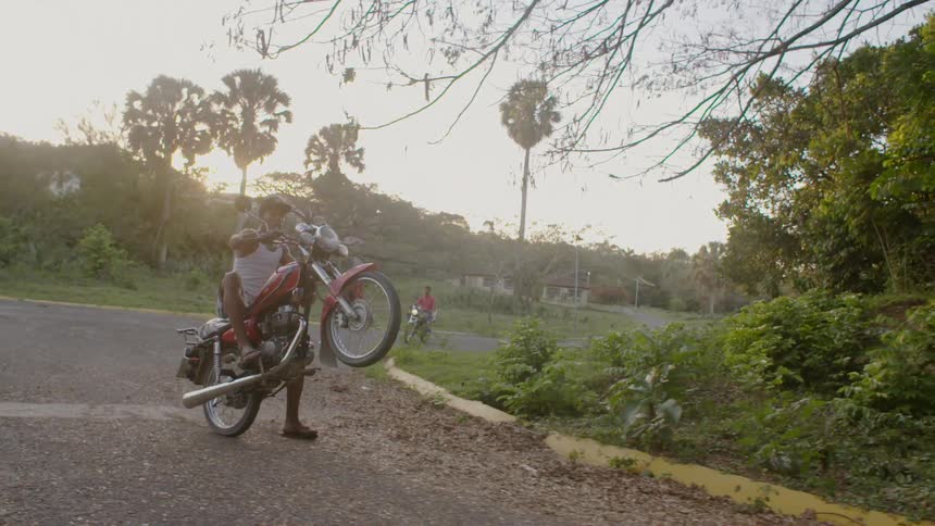 A group of bikers driving near the woods