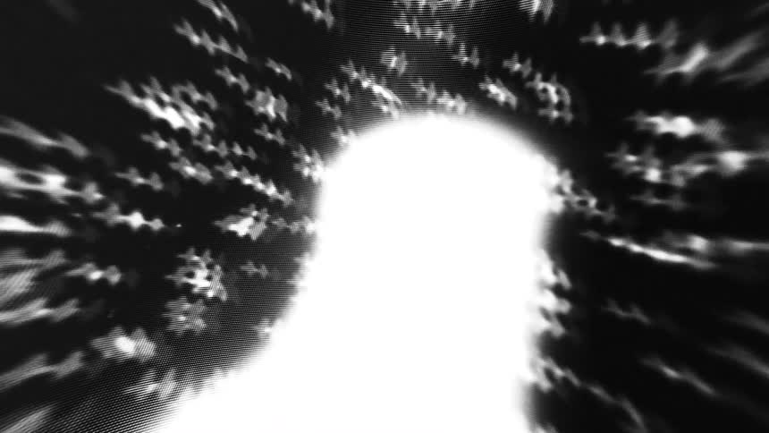 A bright white abstract silhouette glows against a swirling mass of bird shapes