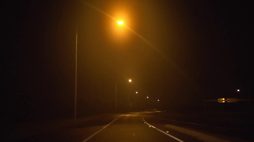 A narrow road with lamp posts on each side on a dark night
