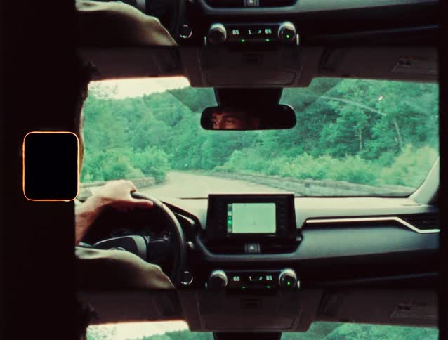 Interior view from vehicle driving on a tree lined road
