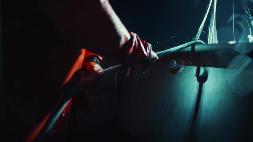A person in an orange jumpsuit working at night guiding a large rope on a boat while water sprays around them