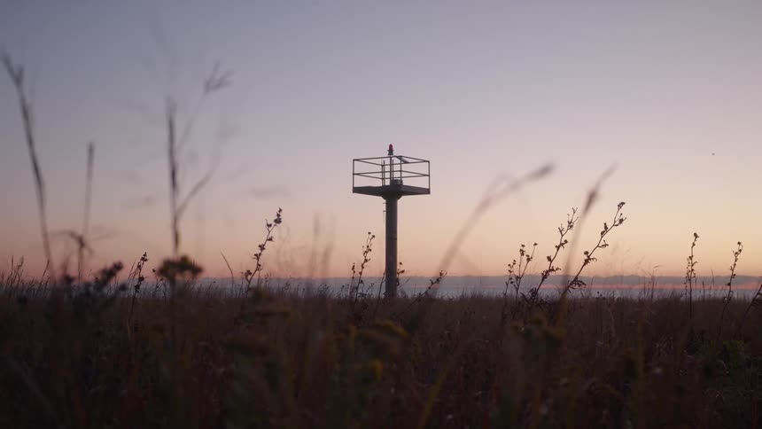 A tower is on the field of grass at dawn