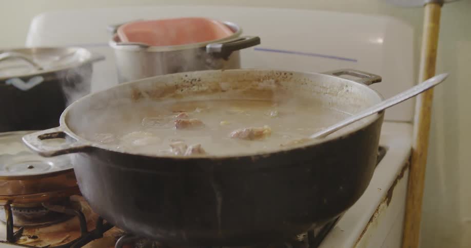 A pot of stew is steaming on a stove