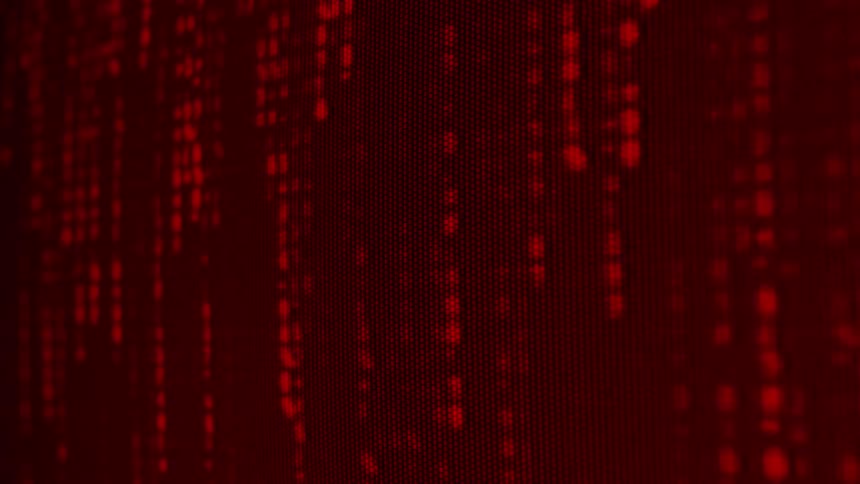 Vertical red lines create a digital pattern resembling codes on a screen