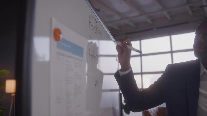 Man in a suit writing on a whiteboard with a marker