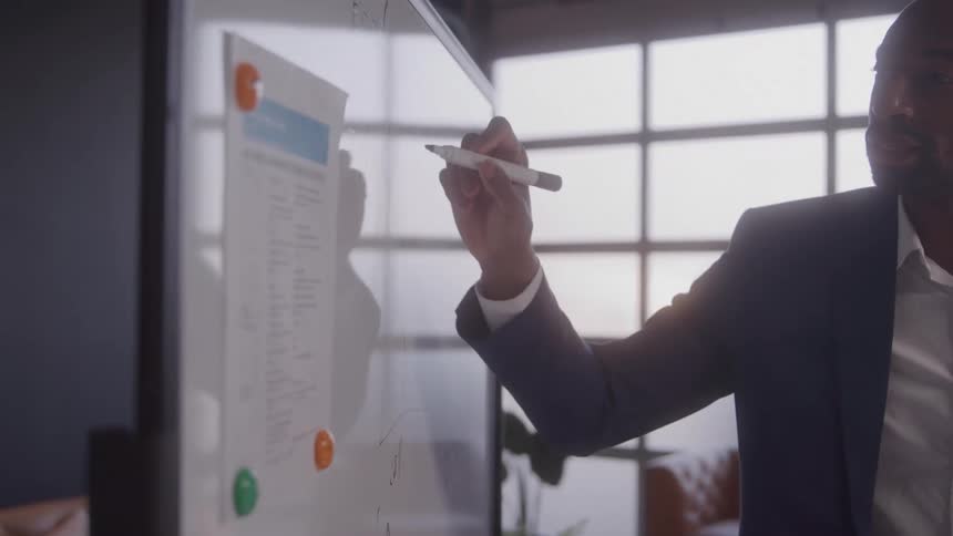 A businessman writing on a whiteboard with a marker