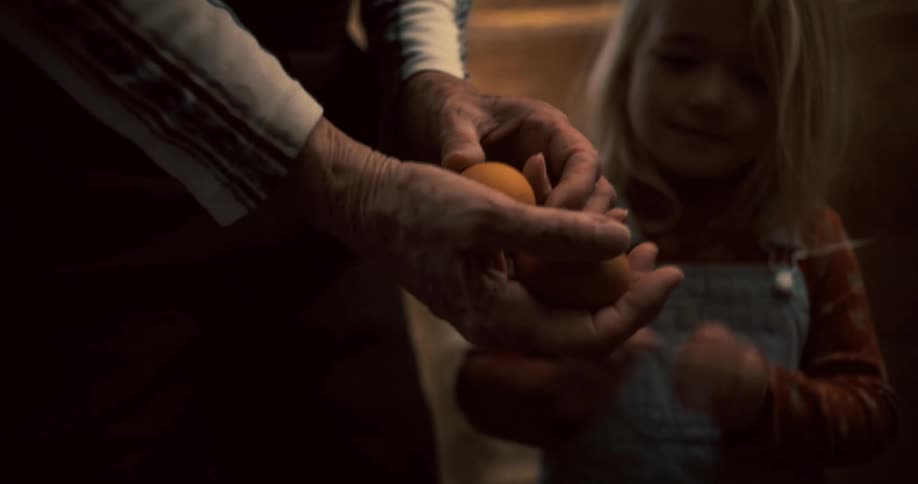 A child hands eggs to an elderly man