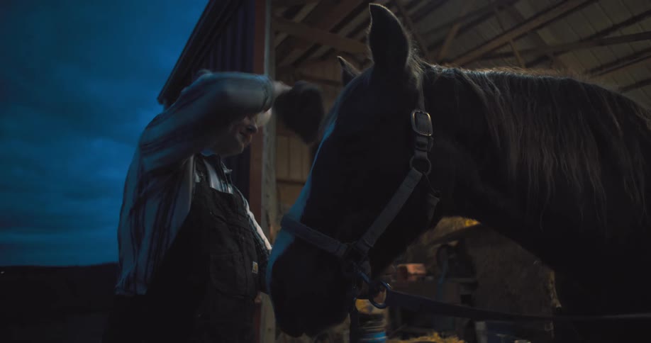 An elderly woman brushes a horses hair in a stable at night