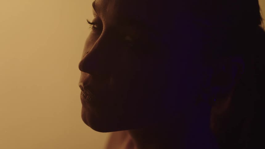Female profile in shadow illuminated by soft golden light