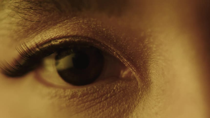 A persons eye with long lashes is framed by shimmering golden eyeshadow