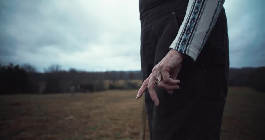 The video shows a closeup of a persons hand wearing a ring resting on a fence post in a field the background is a cloudy sky and bare trees suggesting a cold overcast day