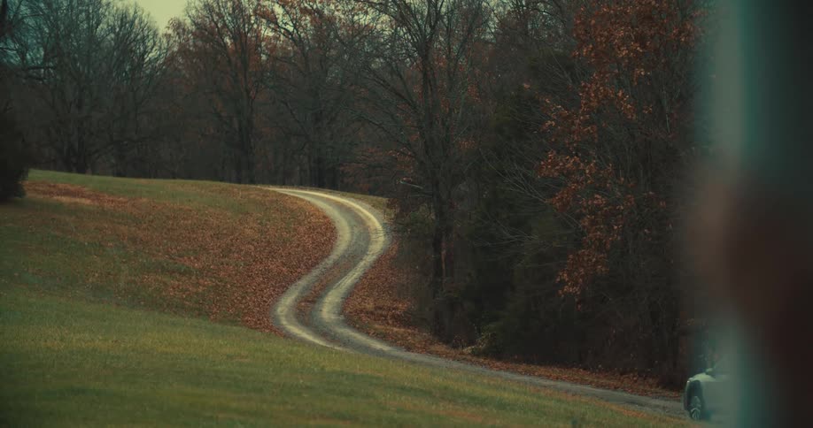 A car drives away on a narrow winding dirt road that cuts through a hilly grassy field with bare trees with fallen brown leaves covering the ground