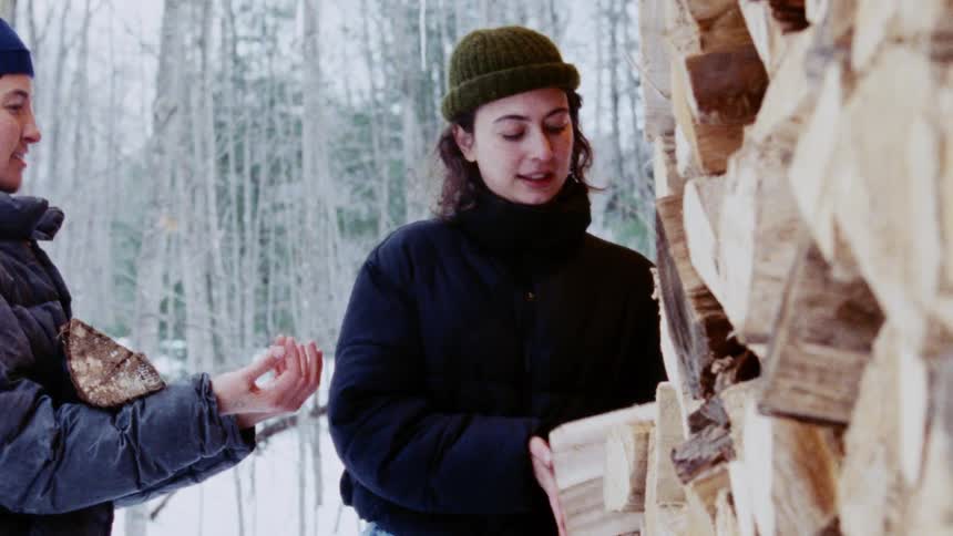 Women collect firewood and kiss
