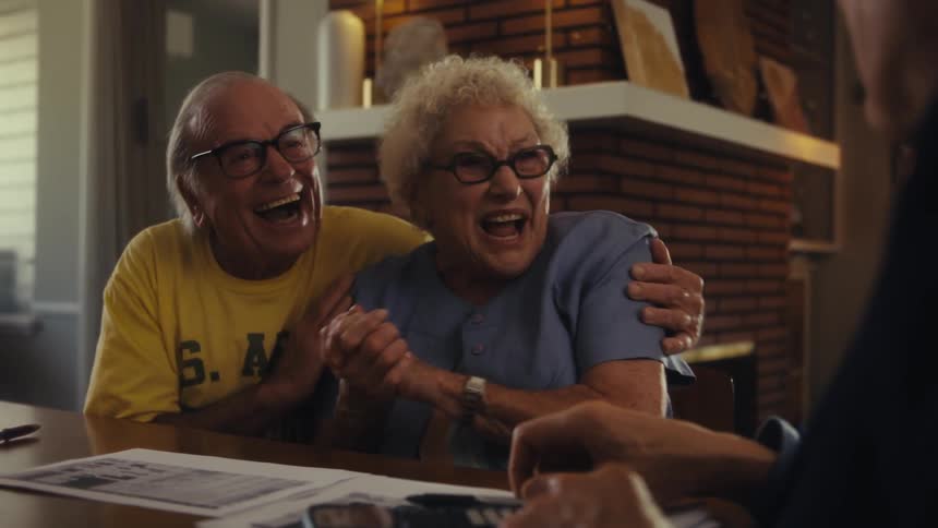 Elderly couple smiles and gestures animatedly at a meeting table
