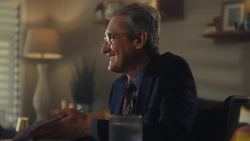 Smiling elderly people talking while sitting at the table
